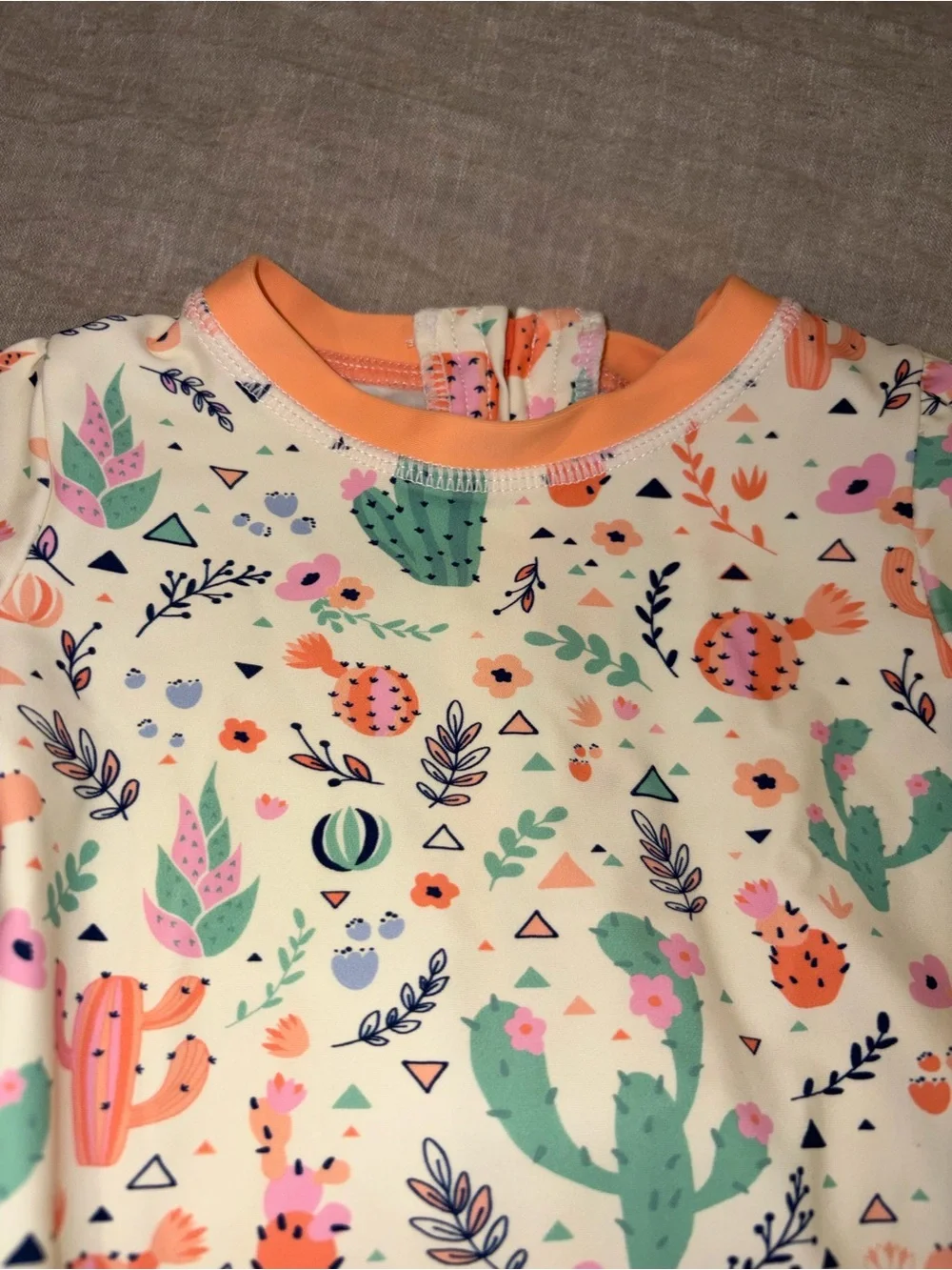 Long-Sleeve Cactus Print One-Piece Swimsuit - Cream & Peach